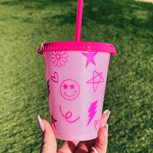 Cold cup tumbler, personalized, pink, doodles, 16oz kids cup, color changing, birthday gift, party favor