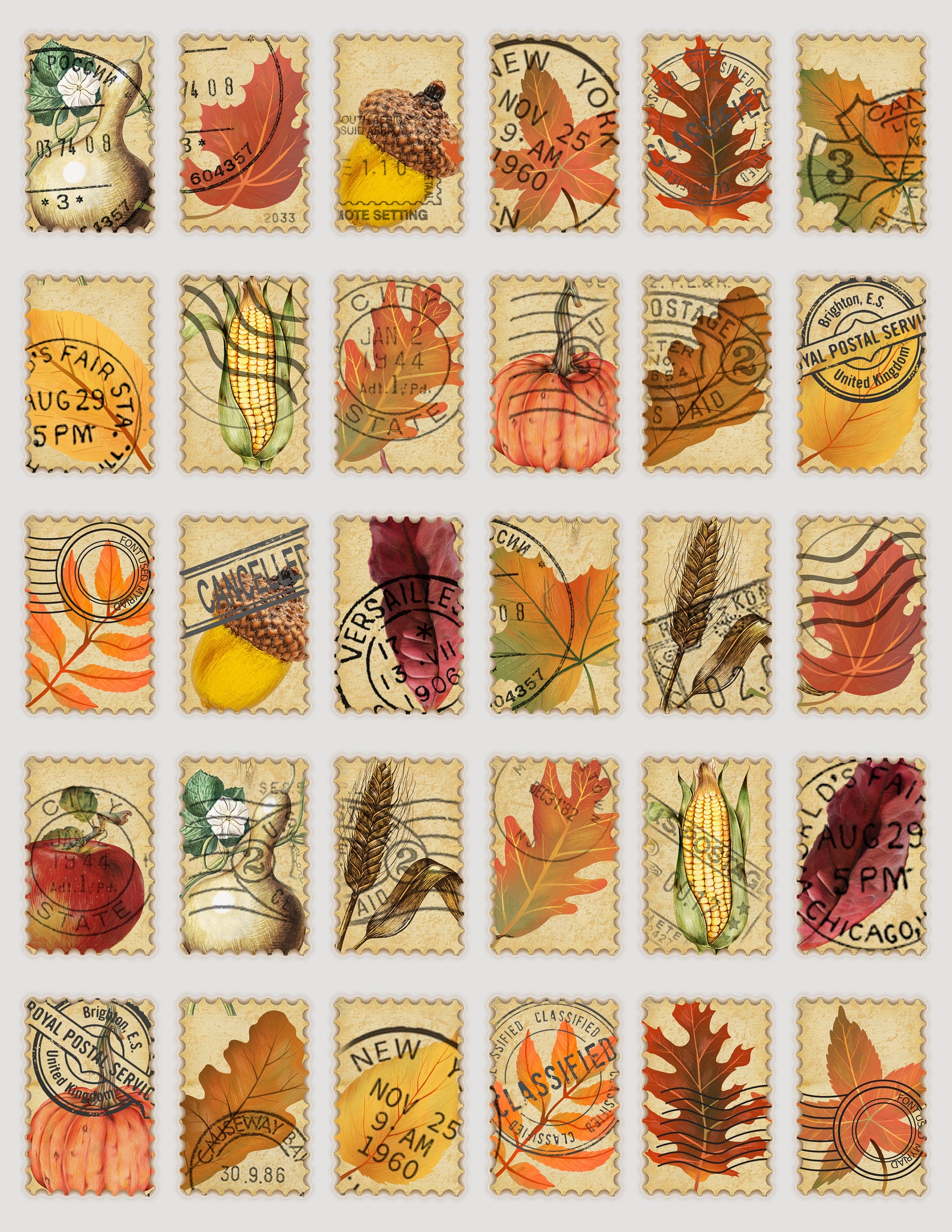 Postage Stamps Festive Fall Collection DIGITAL DOWNLOAD Etsy