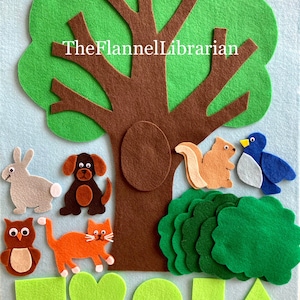 Large 20in Peekaboo Felt Tree + 6 Backyard Friends Cat Dog Squirrel Rabbit Owl Bird Preschool Felt Board/Flannel Board + 3 Songs