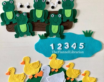 5 Frogs + 5 Little Ducks 19pc Felt Set Bundle for Flannel Board Teaching/Preschool Circle Time/Storytime + Song Card