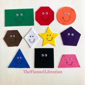 10 Little Happy Shapes Felt Board Set for Flannel Board Teaching/Preschool Circle Time/Storytime/Learn Shapes/Colors + 2 Songs and Book List