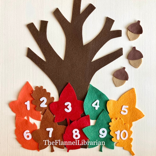 10 Autumn Leaves + 18 in. Felt Tree/Hide Acorns Game/Flannel Board/Felt Board Teaching/Preschool Circle Time/Storytime + 2 Songs/1 Activity
