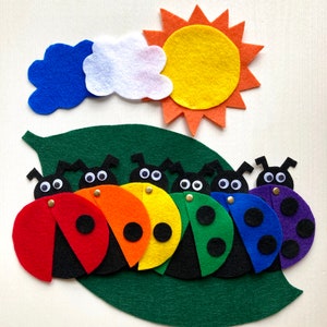 6 Little Ladybugs Rainbow Felt Board Set w/moveable wing Spring Flannel Board Teaching/Preschool Circle Time/Storytime 3 Songs Set Only-No Numbers