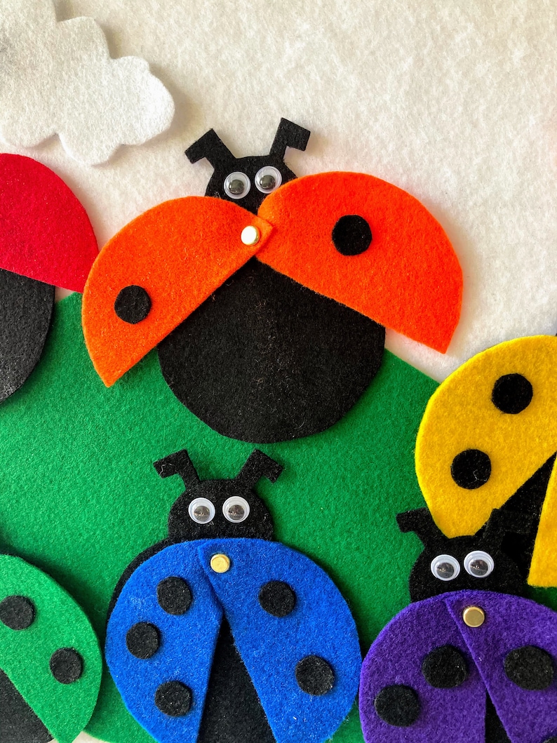6 Little Ladybugs Rainbow Felt Board Set w/moveable wing Spring Flannel Board Teaching/Preschool Circle Time/Storytime 3 Songs Bild 3
