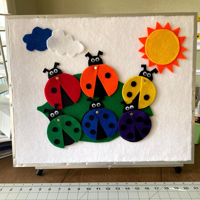 6 Little Ladybugs Rainbow Felt Board Set w/moveable wing Spring Flannel Board Teaching/Preschool Circle Time/Storytime 3 Songs Bild 8