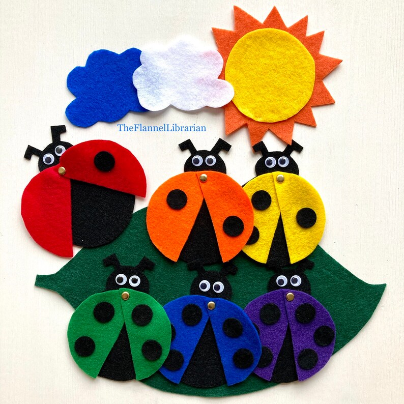 6 Little Ladybugs Rainbow Felt Board Set w/moveable wing Spring Flannel Board Teaching/Preschool Circle Time/Storytime 3 Songs Bild 1