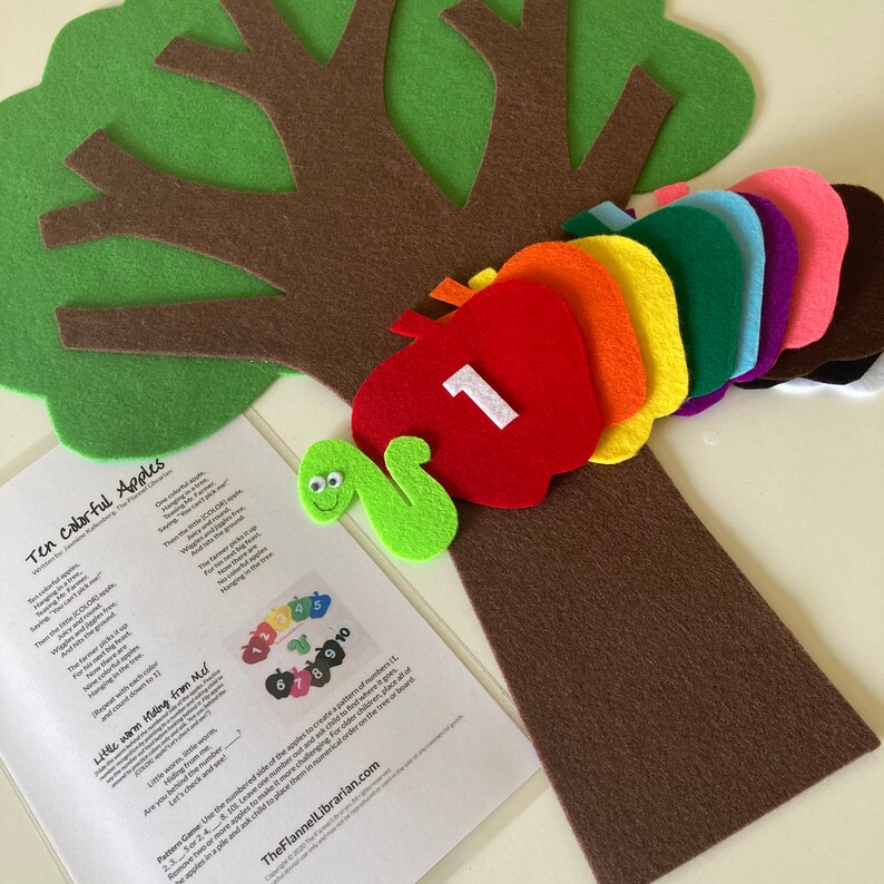 10 Colorful Apples/Little Worm/Felt Set/Flannel Board Teaching/Preschool Circle Time/Storytime/Numbers/Colors 2 Songs/1 Activity Apples/Worm Set+Tree