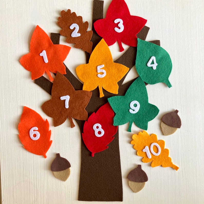 10 Autumn Leaves 18 in. Felt Tree/Hide Acorns Game/Flannel Board/Felt Board Teaching/Preschool Circle Time/Storytime 2 Songs/1 Activity image 2