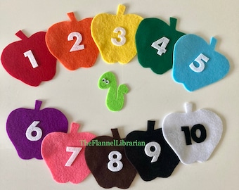 10 Colorful Apples/Little Worm/Felt Set/Flannel Board Teaching/Preschool Circle Time/Storytime/Numbers/Colors + 2 Songs/1 Activity