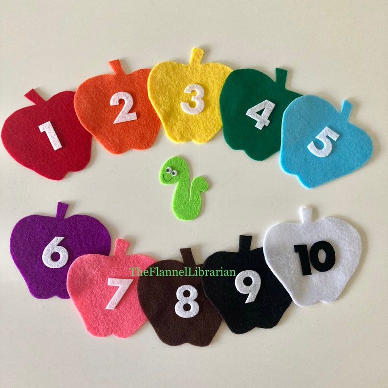 10 Colorful Apples/Little Worm/Felt Set/Flannel Board Teaching/Preschool Circle Time/Storytime/Numbers/Colors 2 Songs/1 Activity image 1