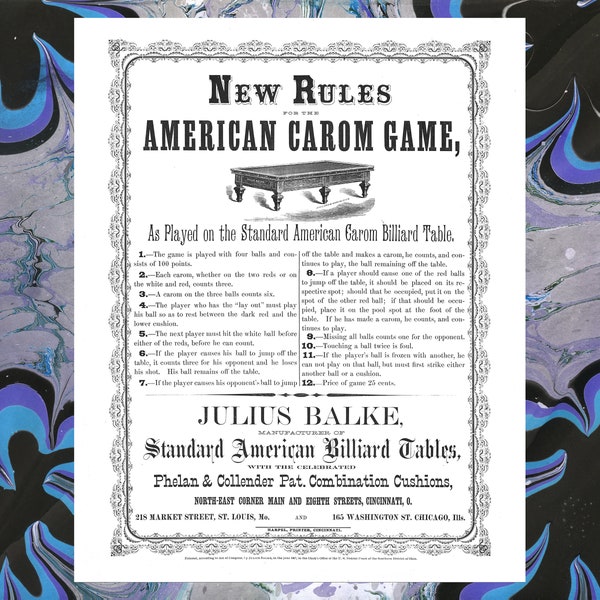 Carom Billiards Instructions 1869 J Balke Game Rules 8x10 Print