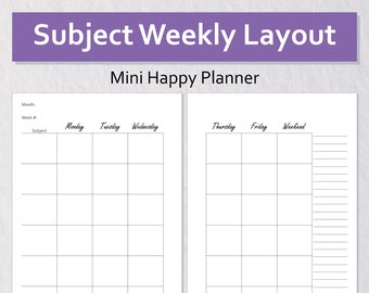 Weekly Subject Layout Insert Printable Mini Happy Planner Size  | Teacher Lesson Planner | Student | Minimal Calendar | Academic Planner