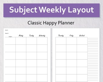 Weekly Subject Layout Insert Printable Undated Classic Happy Planner Size  | Teacher Lesson Planner | Student | Minimal | Academic Planner