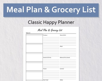 Meal Planning Insert Classic Happy Planner Size Printable | Grocery List | Minimal Planner | Weekly Menu Plan | Shopping List | Meal Prep