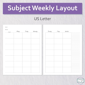 Diseño del planificador de materias semanal Insertar tamaño de letra sin fecha imprimible / Planificador de lecciones para maestros / Estudiante / Calendario mínimo / Planificador académico