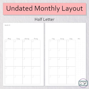 Monthly Planner Undated Half-Letter/Junior Pages Dot Grid Printable | Month on Two Pages | Monthly Organizer | Calendar | Bullet Journal