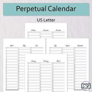 Calendario Perpetuo Tamaño Carta Imprimible / Año de un Vistazo / Calendario Vertical / Calendario de Cumpleaños / Aniversario / Rastreador de Fechas Especiales