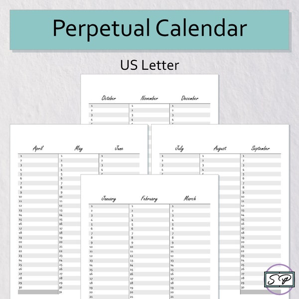 Perpetual Calendar Letter Size Printable | Year at a Glance | Vertical Calendar | Birthday Calendar | Anniversary | Special Dates Tracker