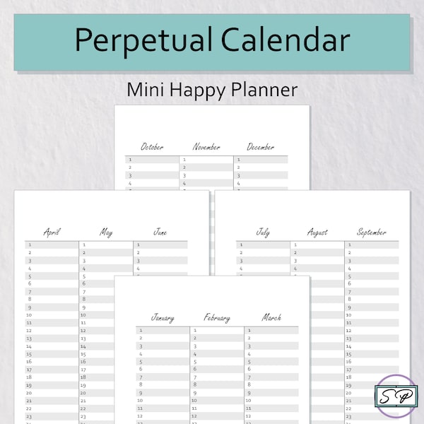 Perpetual Calendar Mini Happy Planner Size Printable | Year at a Glance | Vertical Calendar | Birthday Calendar | Special Dates Tracker