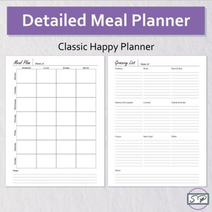 Detailed Meal Planning Insert Classic Happy Planner Printable | Grocery List | Weekly Menu Plan | Shopping List | Meal Prep
