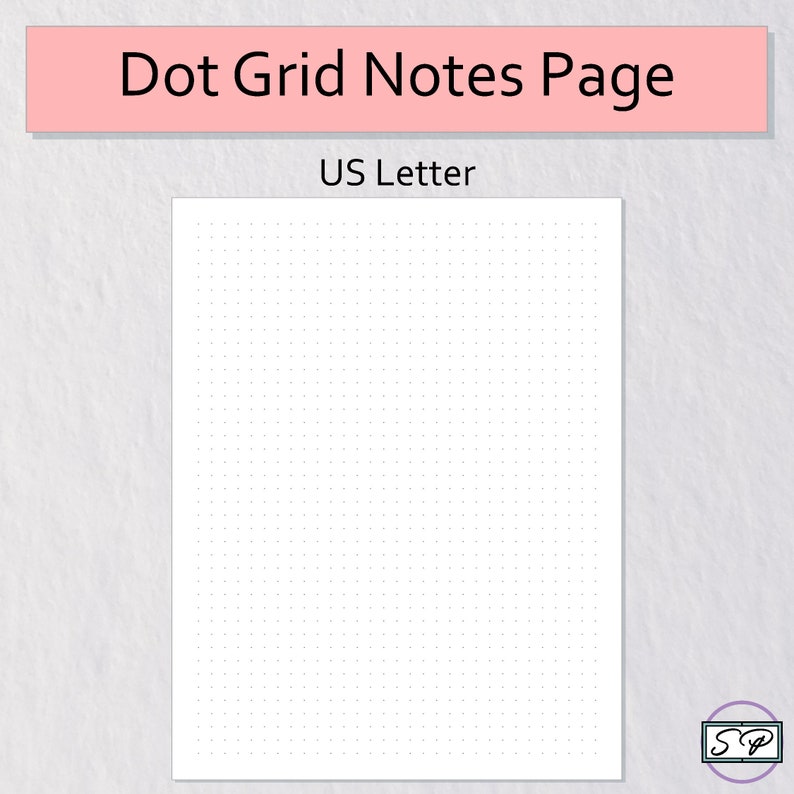 May include: A white page with a grid of evenly spaced dots. The page is labeled "Dot Grid Notes Page" and "US Letter".