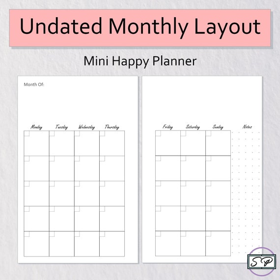 Undated Monthly Planner Insert Pages Printable Mini Happy Planner Size | Month on Two Pages | Monthly Organizer | Calendar | Bullet Journal
