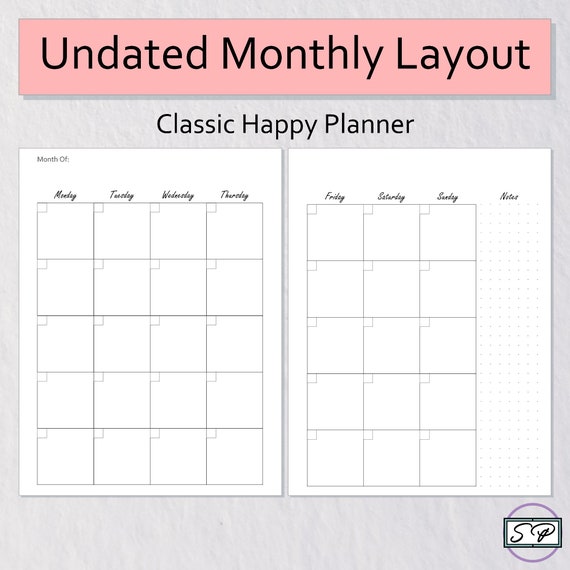 Monthly Planner Undated Classic Happy Planner Pages Dot Grid Printable | Month on Two Pages | Monthly Organizer | Calendar | Bullet Journal