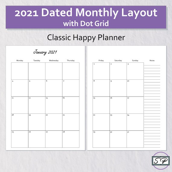 2021 Dated Monthly Layout Classic Happy Planner Printable Insert | Month on Two Pages | Monthly Organizer | Calendar | Bullet Journal