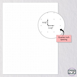May include: A white sheet of paper with a grid of evenly spaced dots. The dots are 0.25 inches apart, as indicated by the measurements in the image. The text "Quarter inch spacing" is written in a pink box.