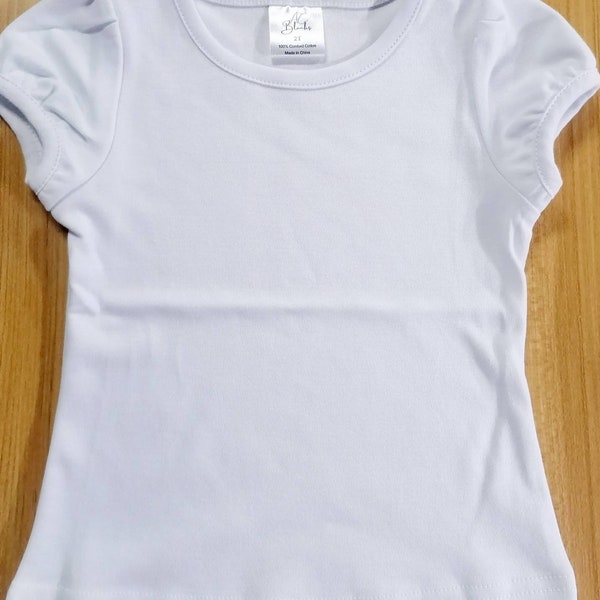 Girls Blank Puffed Sleeve T-shirt, EMBROIDERY BLANKS, Htv vinyl blanks, 100% combed cotton, white puff sleeves