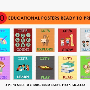 Educational Prints, Kids Wall Art Set of 10, Daycare Printable, Playroom Decor, Montessori Toddler, Nursery Wall Decor, School Prints