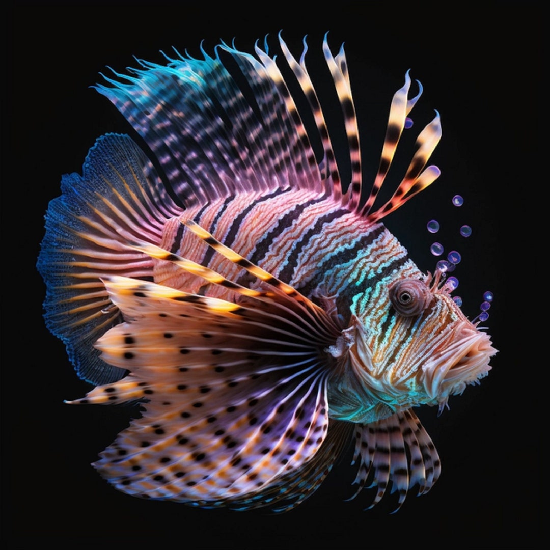 Digital Art Print Rainbow Lion Fish Bright and Colorful Aquatic Animal