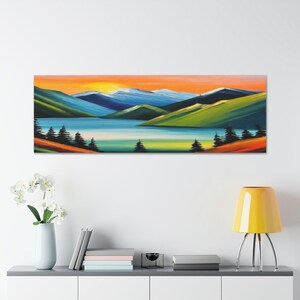 Framed Canvas Wall Art Sun and Mountain Illustration Print Set Mid Century Modern Artwork Boho Decoration for Living Room