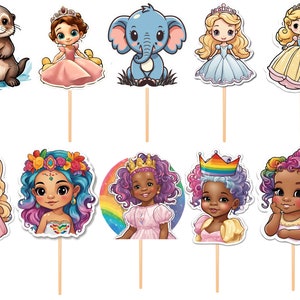 Pacote de topper de bolo imprimível, unicórnios, elefantes, princesas, animais de safari, suprimentos para festas de aniversário de crianças, meninas/meninos, imprimir e cortar