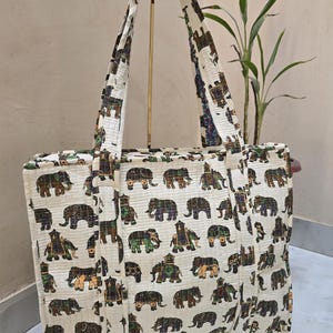 Bolso de mano acolchado con estampado de elefante, bolso de mano de algodón indio, bolso de hombro hecho a mano, bolso de compras grande, bolso de viaje, bolso de mano étnico con estampado de elefante
