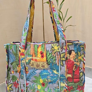 Frida Inspired Quilted Tote Bag, Colorful Boho Art Tote, Handmade Frida Style Bag, Floral Printed Shoulder Bag, Unique Gift for Women