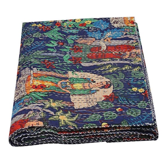 Frida Kahlo Printed Cotton Quilted Blanket Indian Twin Handmade Bedspread Kantha Work Bohemian Bed Decor Throw Blanket 90x108inch