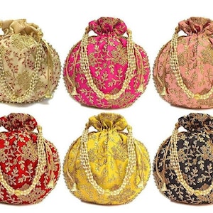 May include: Six different coloured drawstring bags with gold embroidery and pearl trim. The bags are all round and have a drawstring closure.
