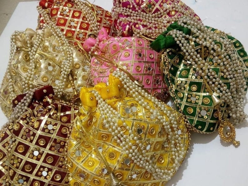 Lot Of 100 Indian Handmade Women's Miror Work Potli Bag Pouch Drawstring Bag Embroidery Clutch Wedding Favor Return Gift For Guest Free Ship