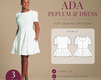 Ada Peplum & Dress A4, US Letter, A0/Copyshop, Projector PDF Pattern Sizes 2-28