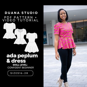 Ada Peplum & Dress A4, Carta EUA, A0/Copyshop PDF Padrão Tamanhos 16-28