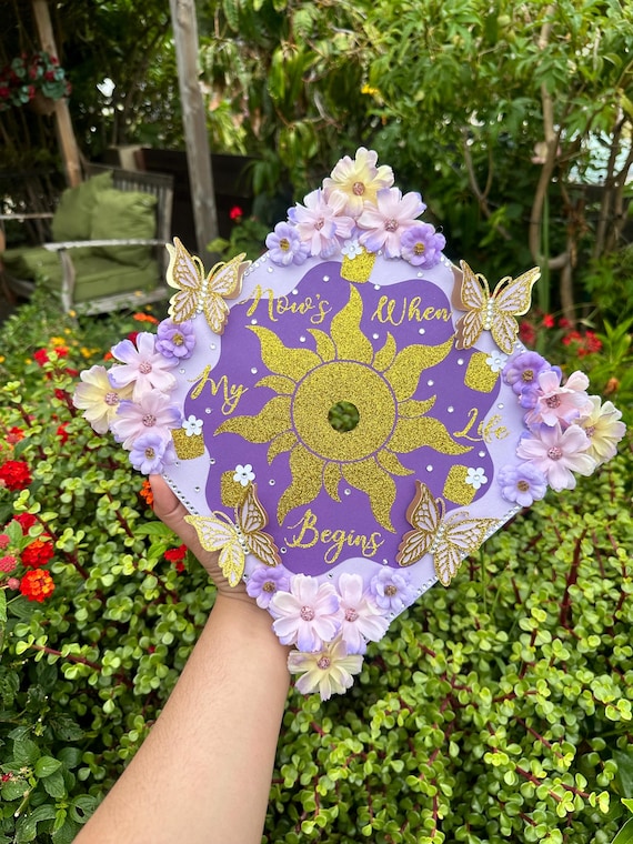 On To My New Dream Grad Cap Topper, Floral Rapunzel Grad Topper, Paper Flowers, Tangled Princess Grad, Now's When My Life Begins Topper