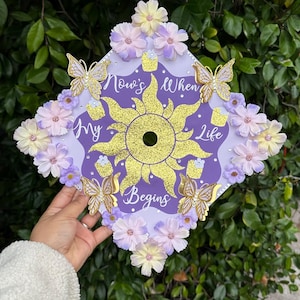 On To My New Dream Grad Cap Topper, Floral Rapunzel Grad Topper, Paper Flowers, Tangled Princess Grad, Now's When My Life Begins Topper image 2
