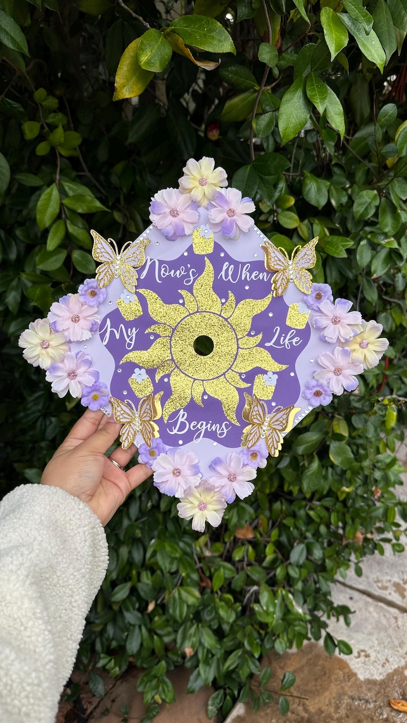 On To My New Dream Grad Cap Topper, Floral Rapunzel Grad Topper, Paper Flowers, Tangled Princess Grad, Now's When My Life Begins Topper image 2