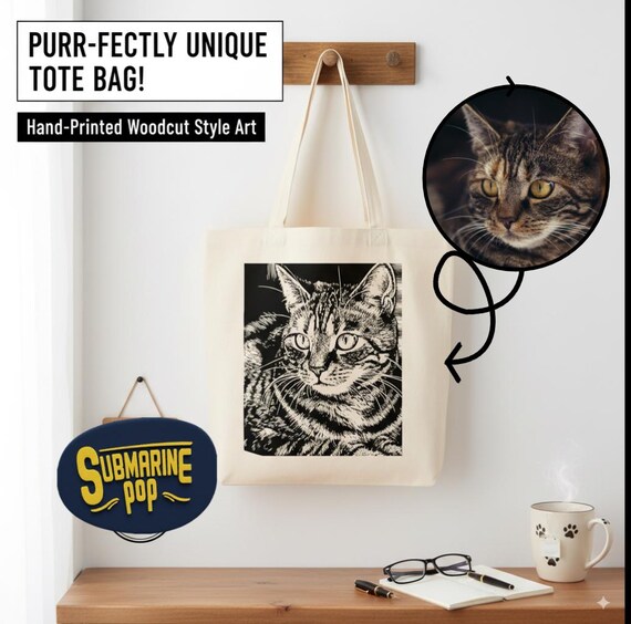 Personalized Pet Portrait Tote Bag, Customized Pet Print, Linocut