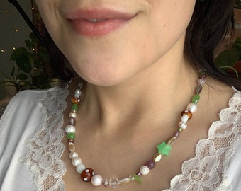 Slime Green Mixed Bead Freshwater Pearl Mushroom Necklace