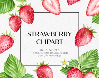 Strawberry PNG. Berries with leaves and flower clipart. Cute strawberry clipart. Hand-painted watercolor clipart. Digital download, PNG.