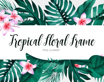 Tropical leaves and flowers frame. Tropical clipart. Exotic greenery border PNG. Palm tree and monstera leaves. Commercial use.
