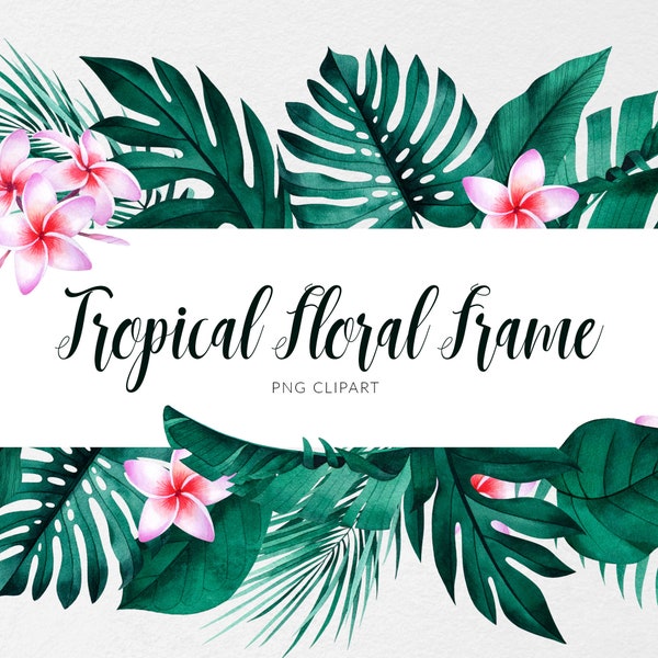 Tropical leaves and flowers frame. Tropical clipart. Exotic greenery border PNG. Palm tree and monstera leaves. Commercial use.