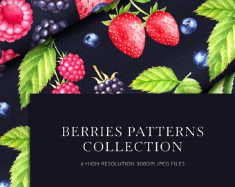Berries digital paper. Watercolor berries seamless pattern. Strawberry, cherry and raspberry digital patterns. Instant download.